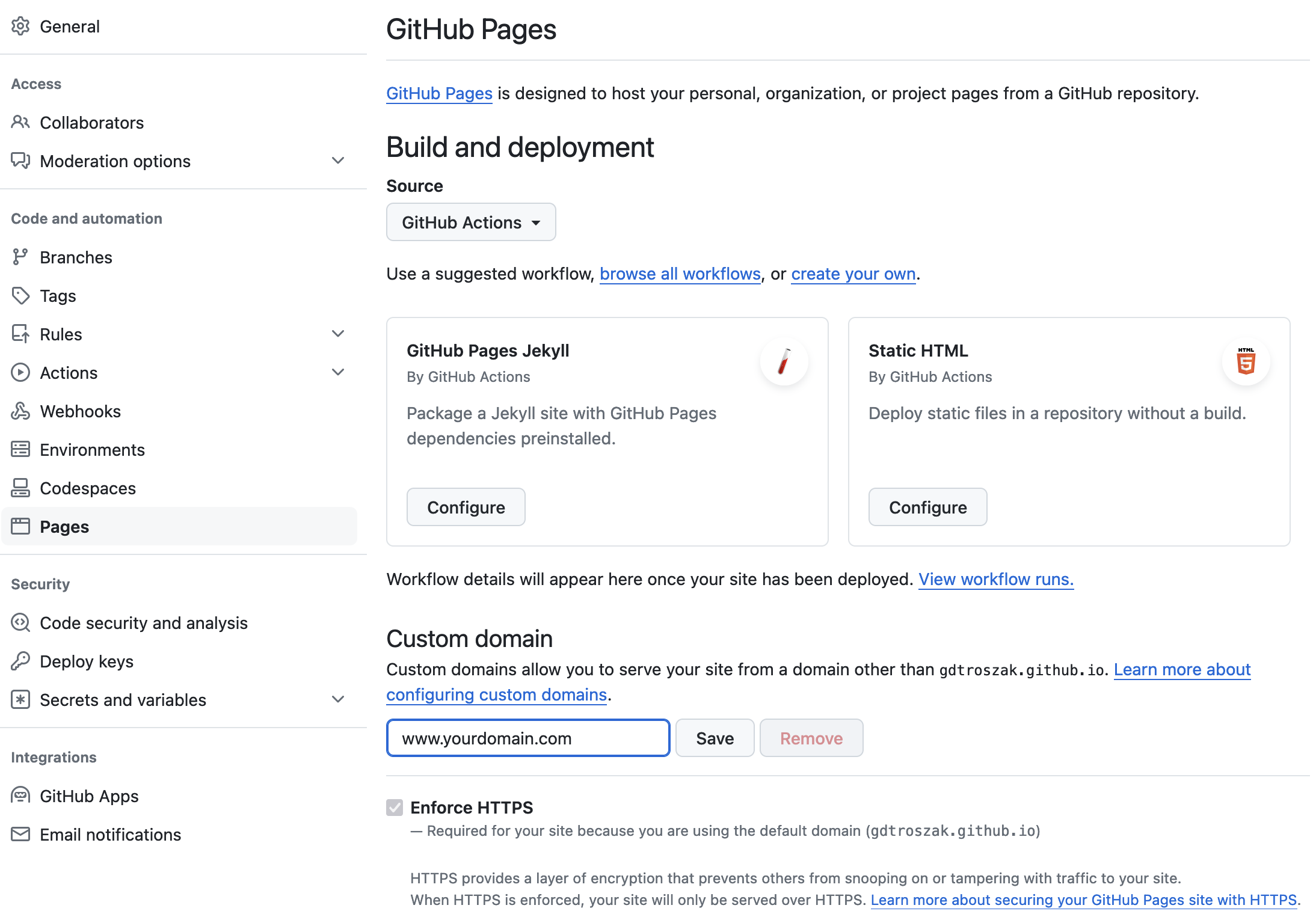 GitHub Pages settings